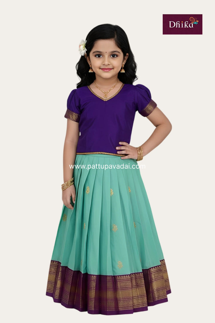 Kids Soft Silk Pavadai – Sea Green & Violet | Traditional Pattu Pavadai for Girls
