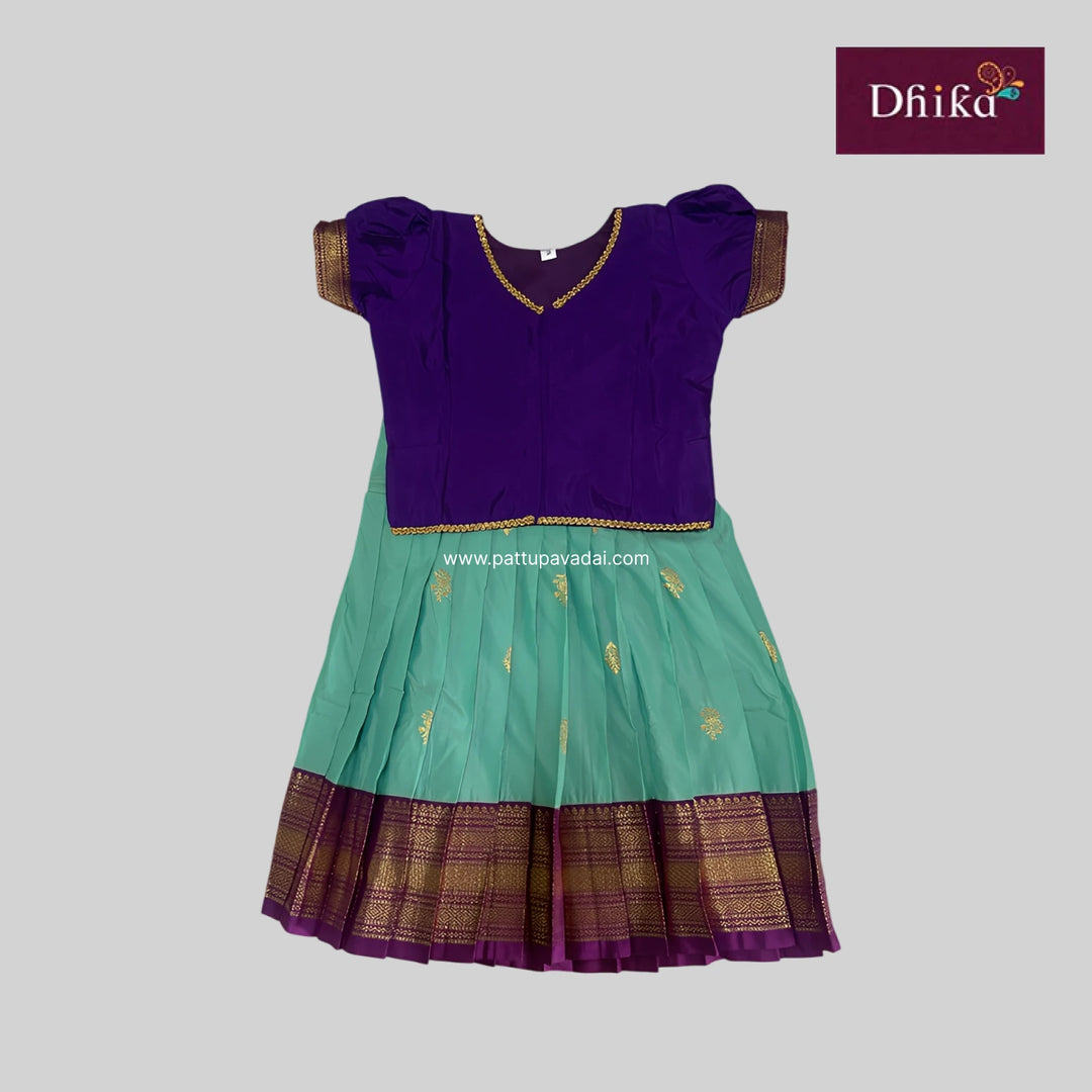 Kids Soft Silk Pavadai – Sea Green & Violet | Traditional Pattu Pavadai for Girls