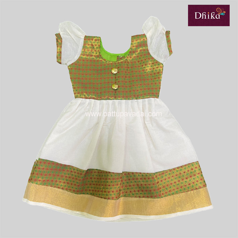 Onam Frock Golden and Cream - Pattupavadai.com