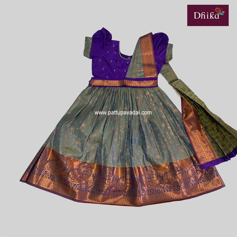 Green and Violet Silk Long Gown with Detachable Dupatta