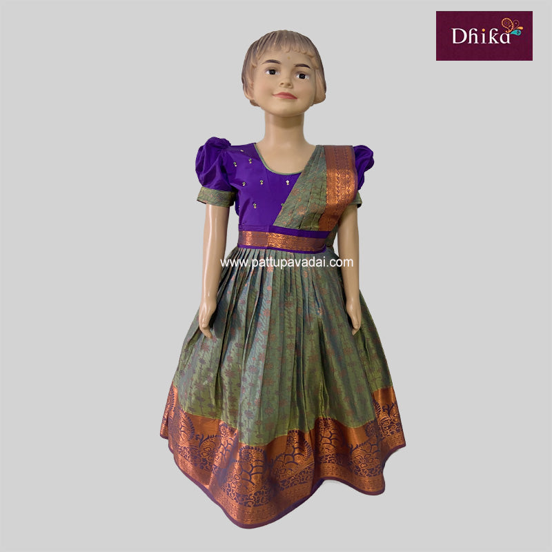 Green and Violet Silk Long Gown with Detachable Dupatta
