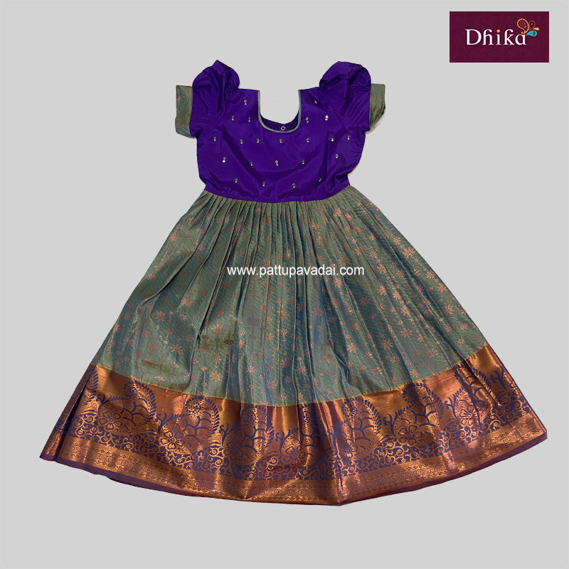 Green and Violet Silk Long Gown with Detachable Dupatta