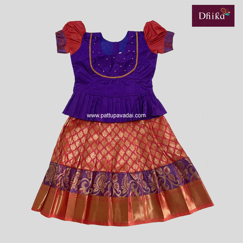 Orange and Violet Semi Kanchi Pattupavadai