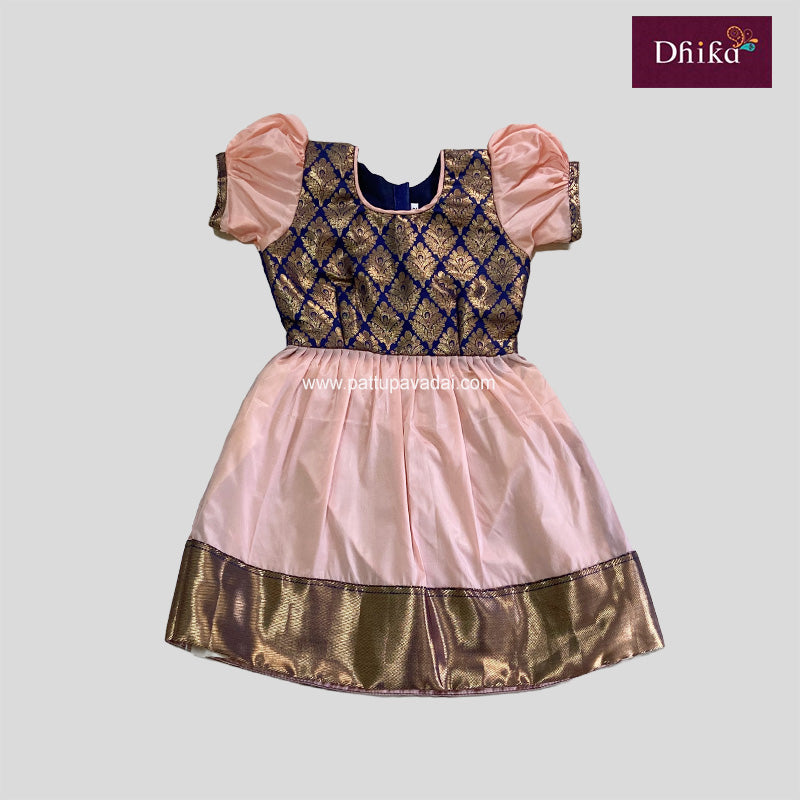 Peach and Navy Blue Silk Frock