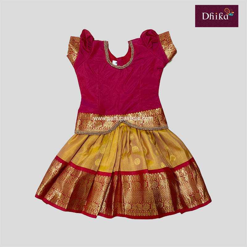 Kids Pure Kanchipuram Silk Pattu Pavadai – Yellow & Red Traditional Dress