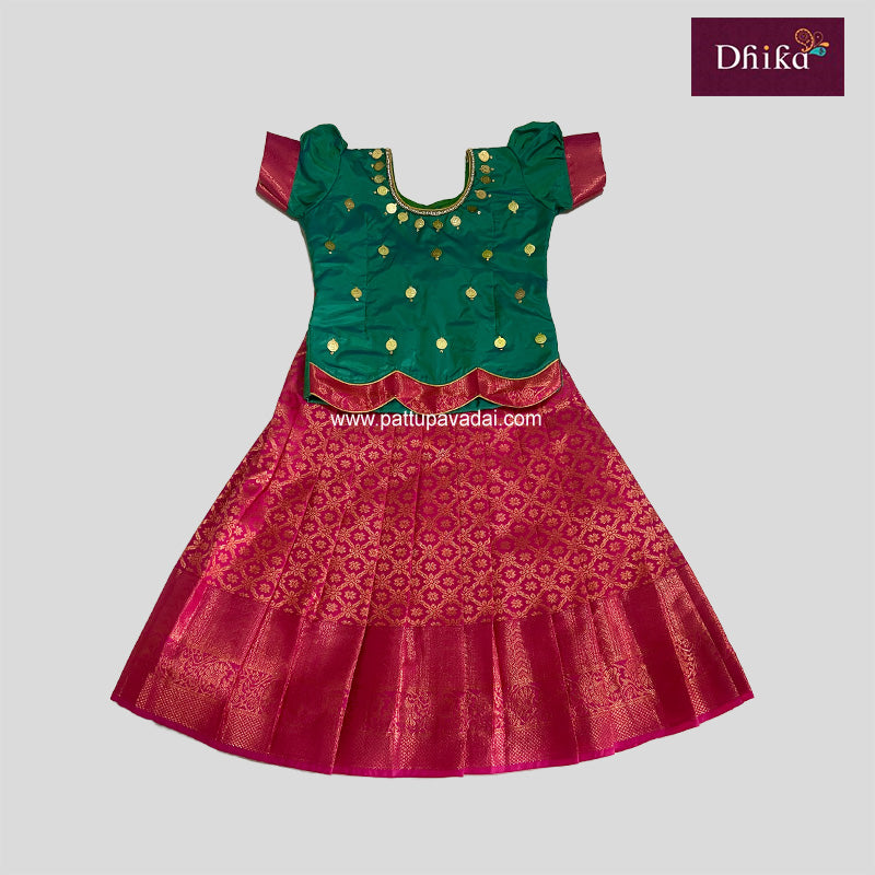 Kids Semi Silk Pattu Pavadai – Pink & Green Traditional South Indian Dress