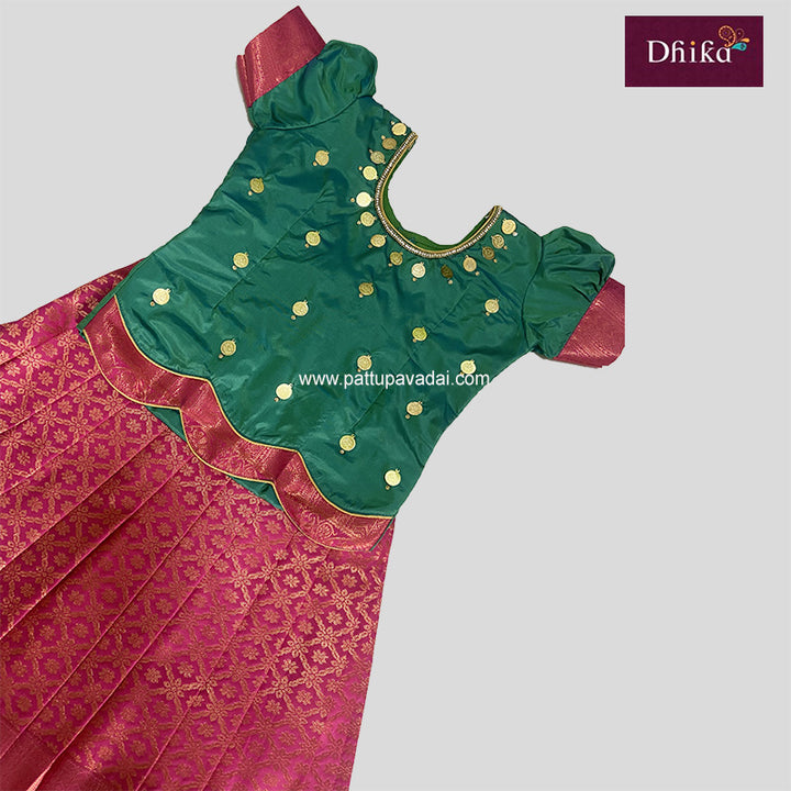 Kids Semi Silk Pattu Pavadai – Pink & Green Traditional South Indian Dress