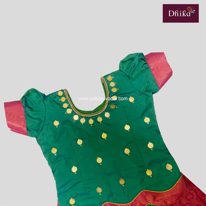 Kids Semi Silk Pattu Pavadai – Pink & Green Traditional South Indian Dress