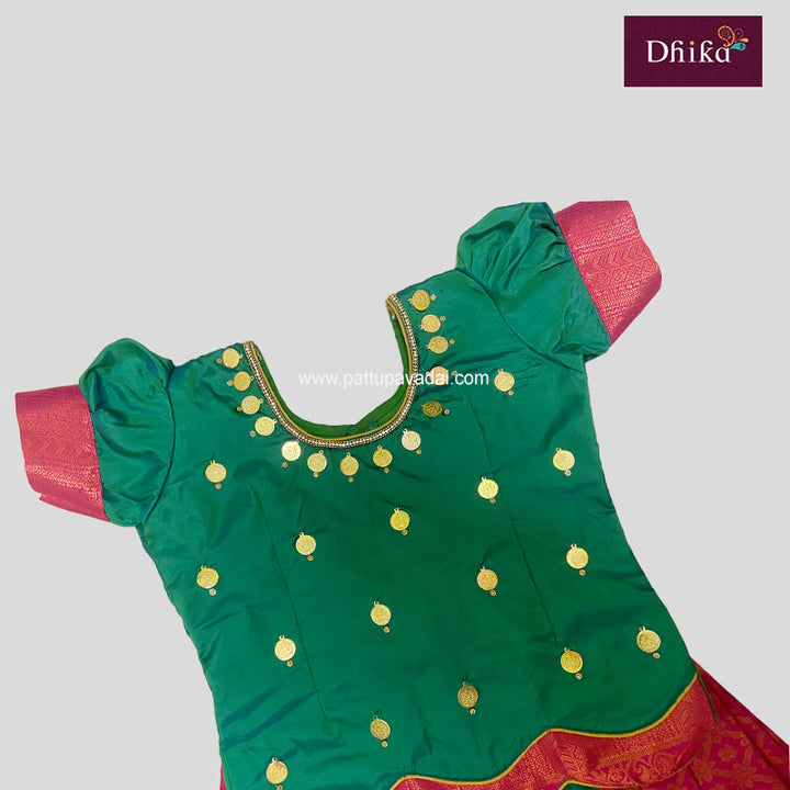 Kids Semi Silk Pattu Pavadai – Pink & Green Traditional South Indian Dress