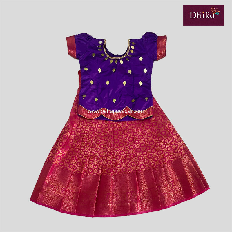Kids Semi Silk Pattu Pavadai – Pink & Violet Traditional Dress for Girls