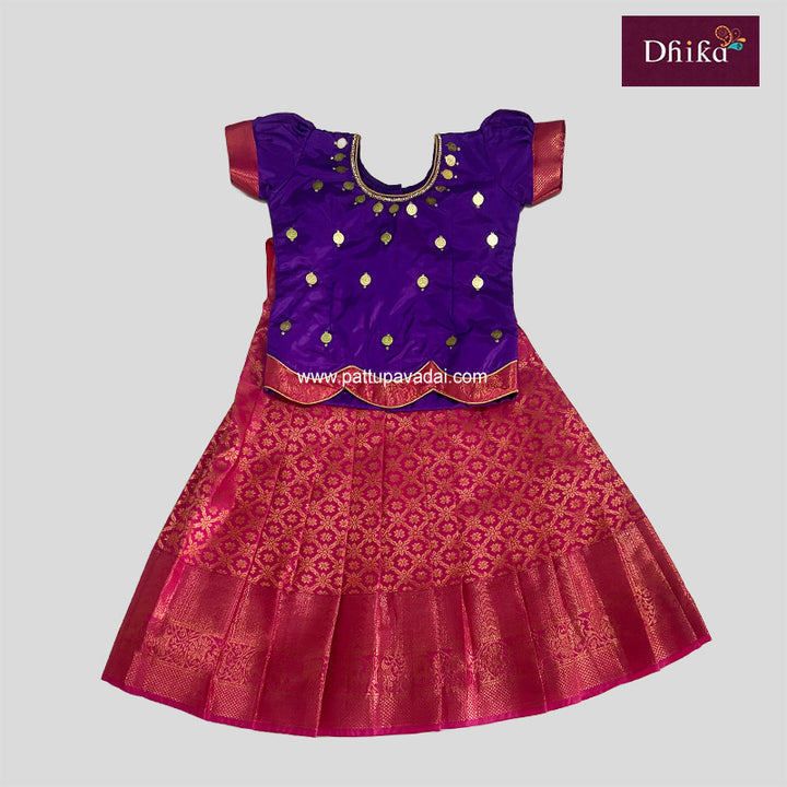 Kids Semi Silk Pattu Pavadai – Pink & Violet Traditional Dress for Girls