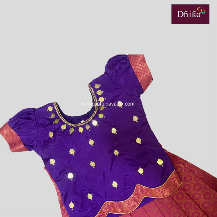 Kids Semi Silk Pattu Pavadai – Pink & Violet Traditional Dress for Girls