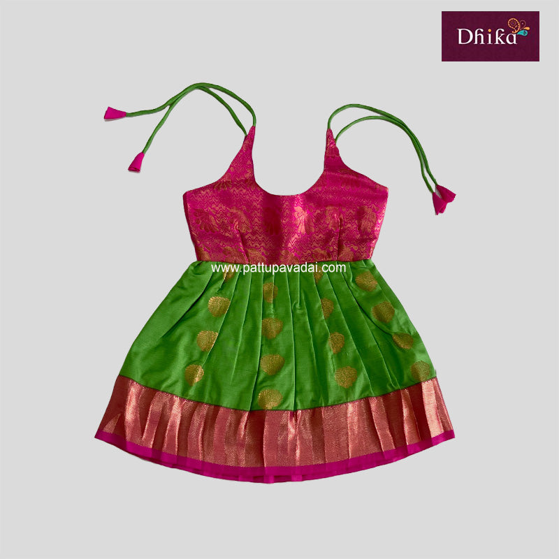 Parrot Green and Pink Silk Frock