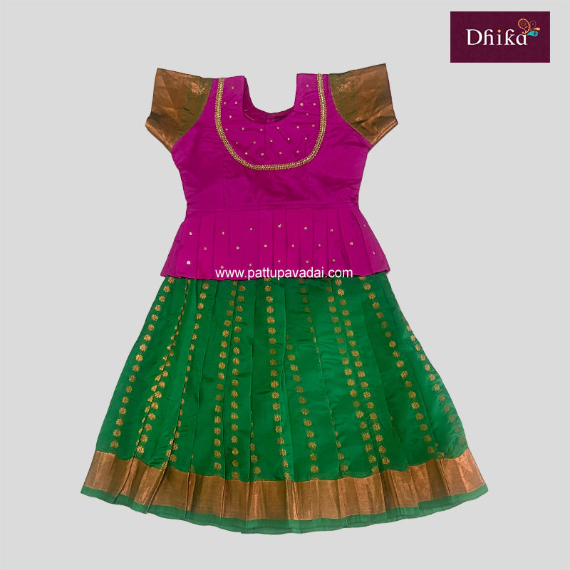 Kids Pure Kanchipuram Pattu Pavadai – Pink & Green Traditional Dress for Girls