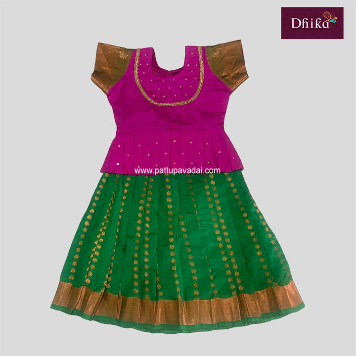 Kids Pure Kanchipuram Pattu Pavadai – Pink & Green Traditional Dress for Girls