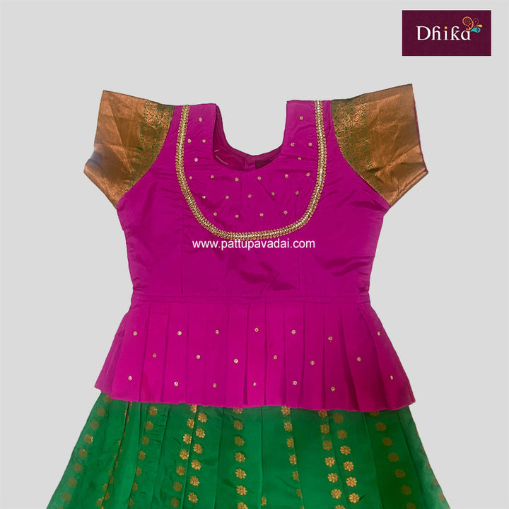 Kids Pure Kanchipuram Pattu Pavadai – Pink & Green Traditional Dress for Girls