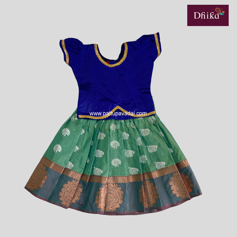 Kids Soft Silk Pattu Pavadai – Pista Green & Blue Traditional Dress