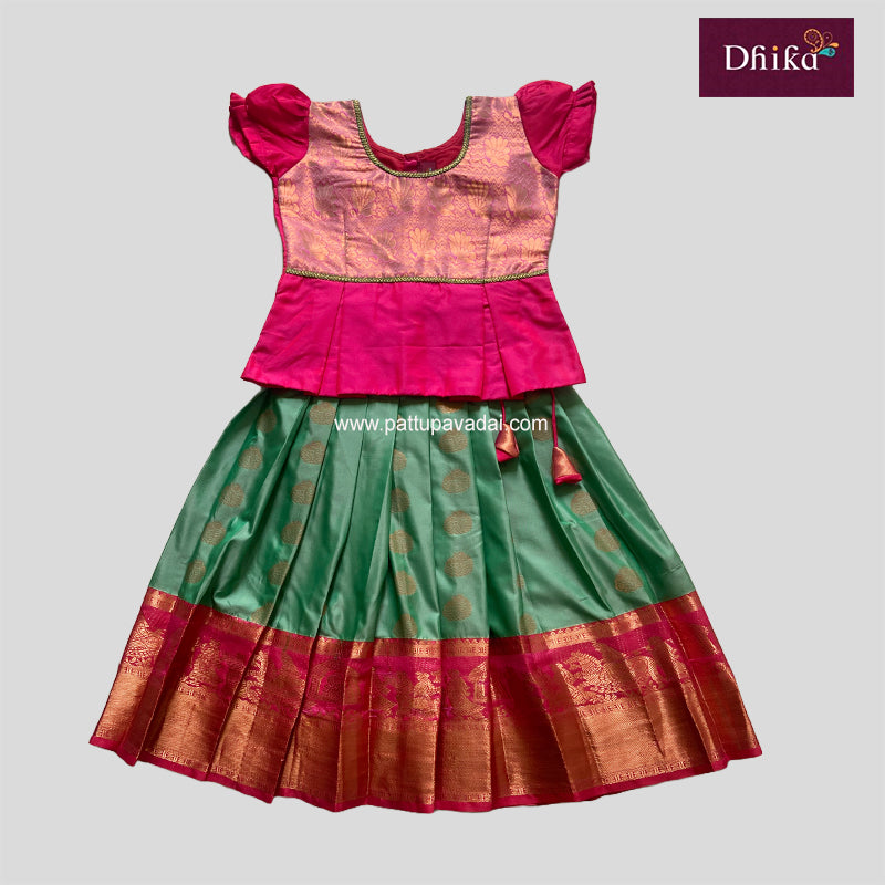 Kids Semi Kanchi Pattu Pavadai – Pastel Green & Pink Traditional Dress for Girls