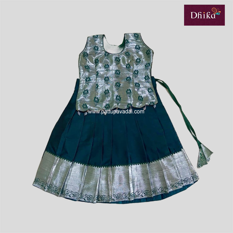 Soft Silk Pavadai Dark Green and Silver