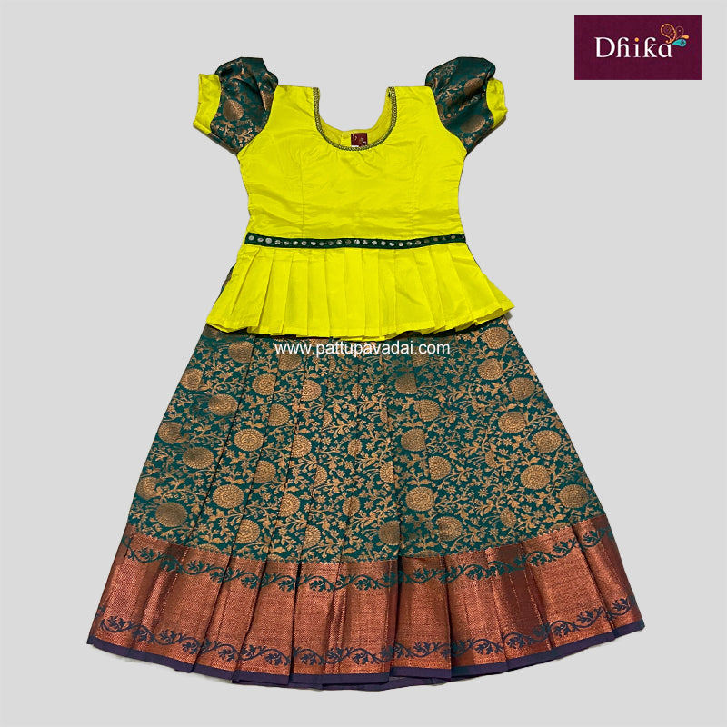 Kids Semi Silk Pattu Pavadai – Dark Green & Yellow Traditional Dress for Girls