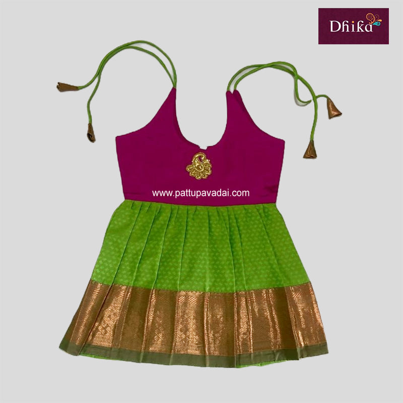 Parrot Green and Pink Silk Frock
