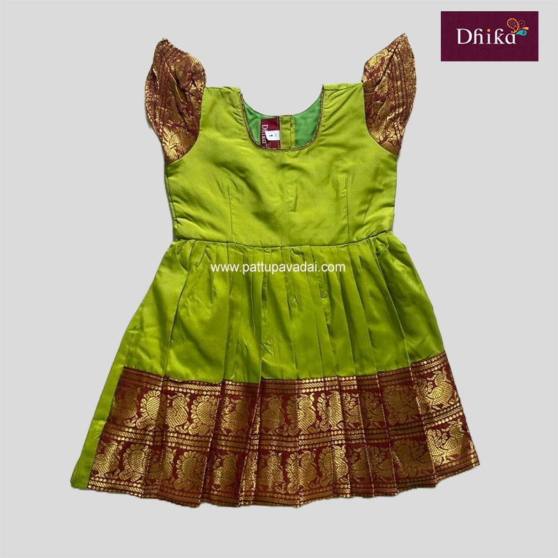 Parrot Green & Maroon Silk Cotton Frock for Girls & Kids – Stylish Party & Festive Dress