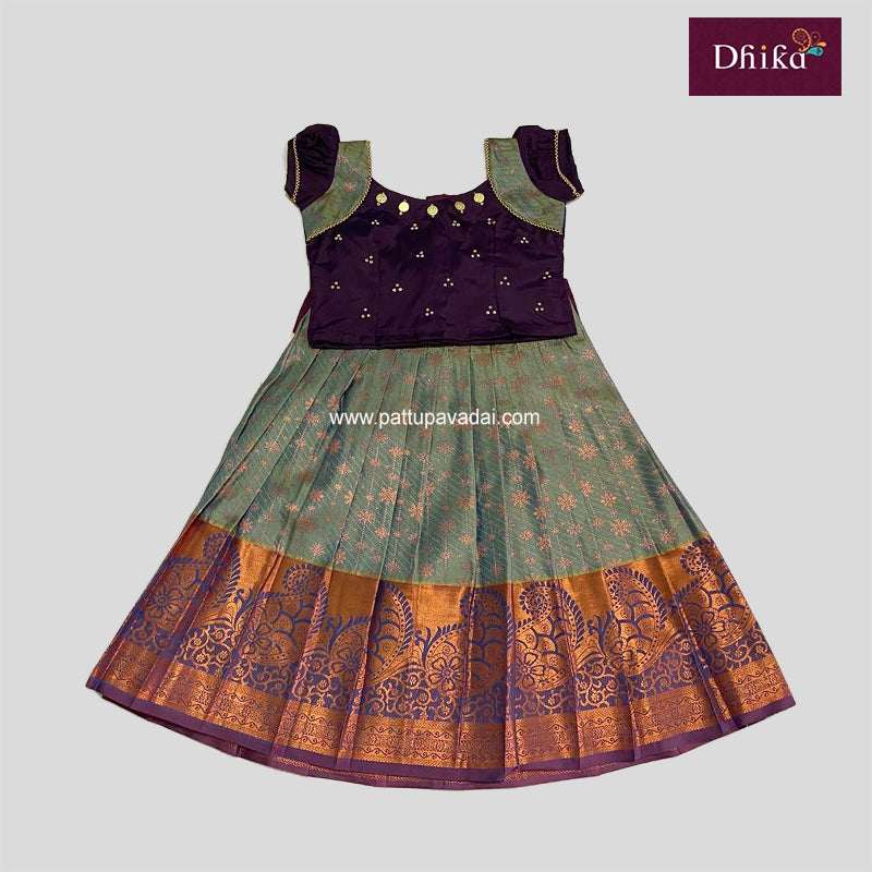 Kids Soft Silk Pavadai Coffee Brown and Green