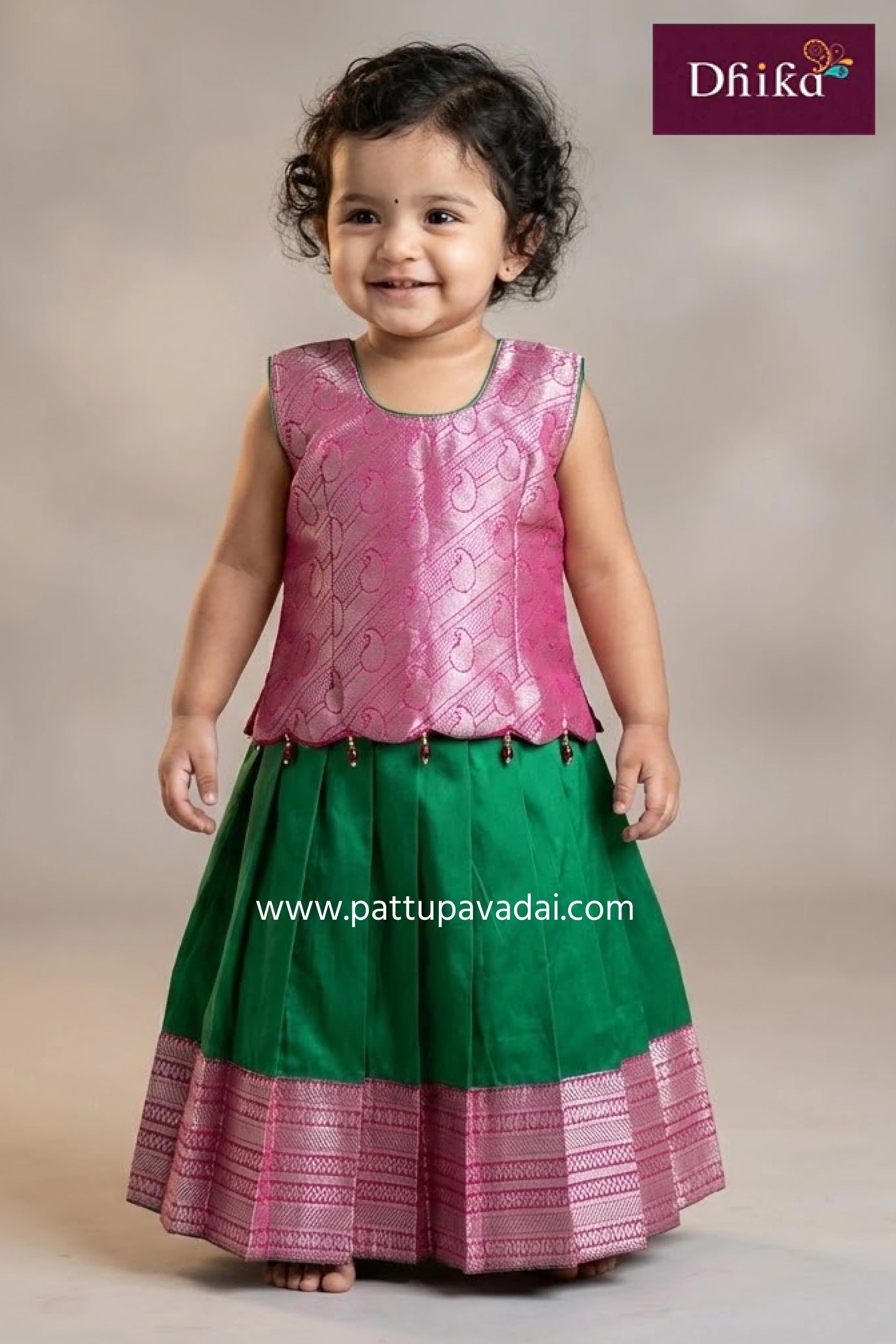Kids Soft Silk Pattu Pavadai – Green & Pink