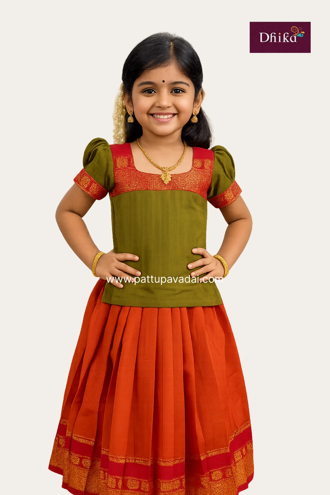 Narayanpet Pattu Pavadai for Girls & Kids – Orange & Olive Green Traditional Dress