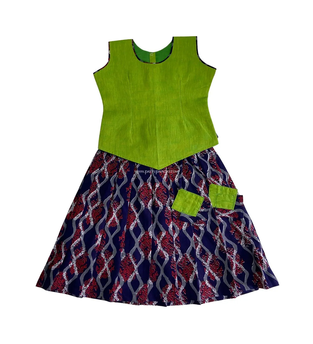 Navy Blue and Parrot Green Cotton Pavadai Set - Pattupavadai.com