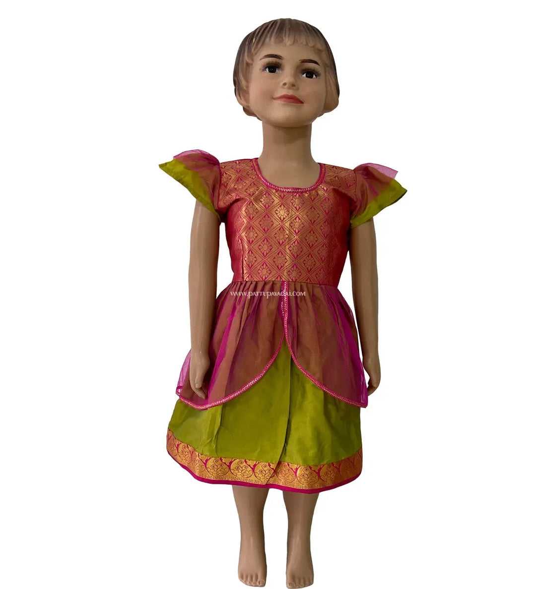 Parrot Green and Pink Silk Frock - Pattupavadai.com