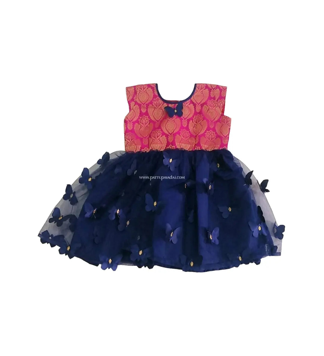 Pink and Navy Blue Netted Frock - Pattupavadai.com