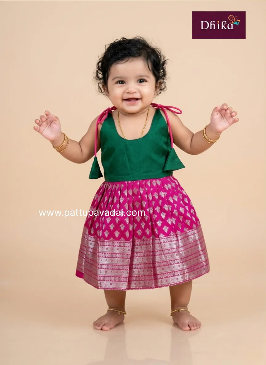 Pink Green Silk Frock for Newborn Baby Girl