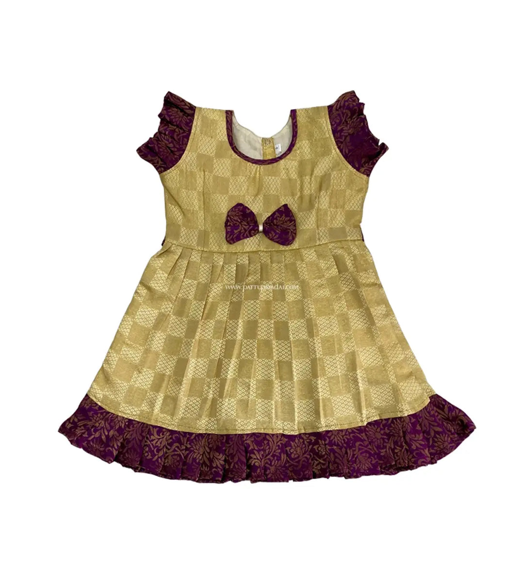 Raw Silk Frock Checked Cream and Magenta - Pattupavadai.com