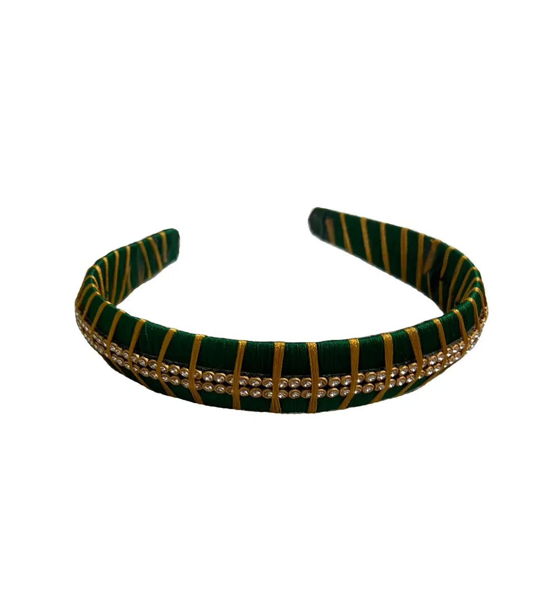Silk Thread Headband 2line stones Dark Green - Pattupavadai.com