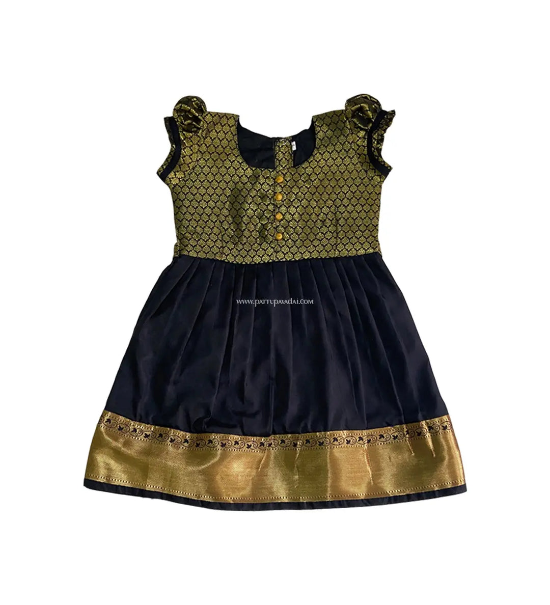 Toddler Silk Frock Black and Golden - Pattupavadai.com