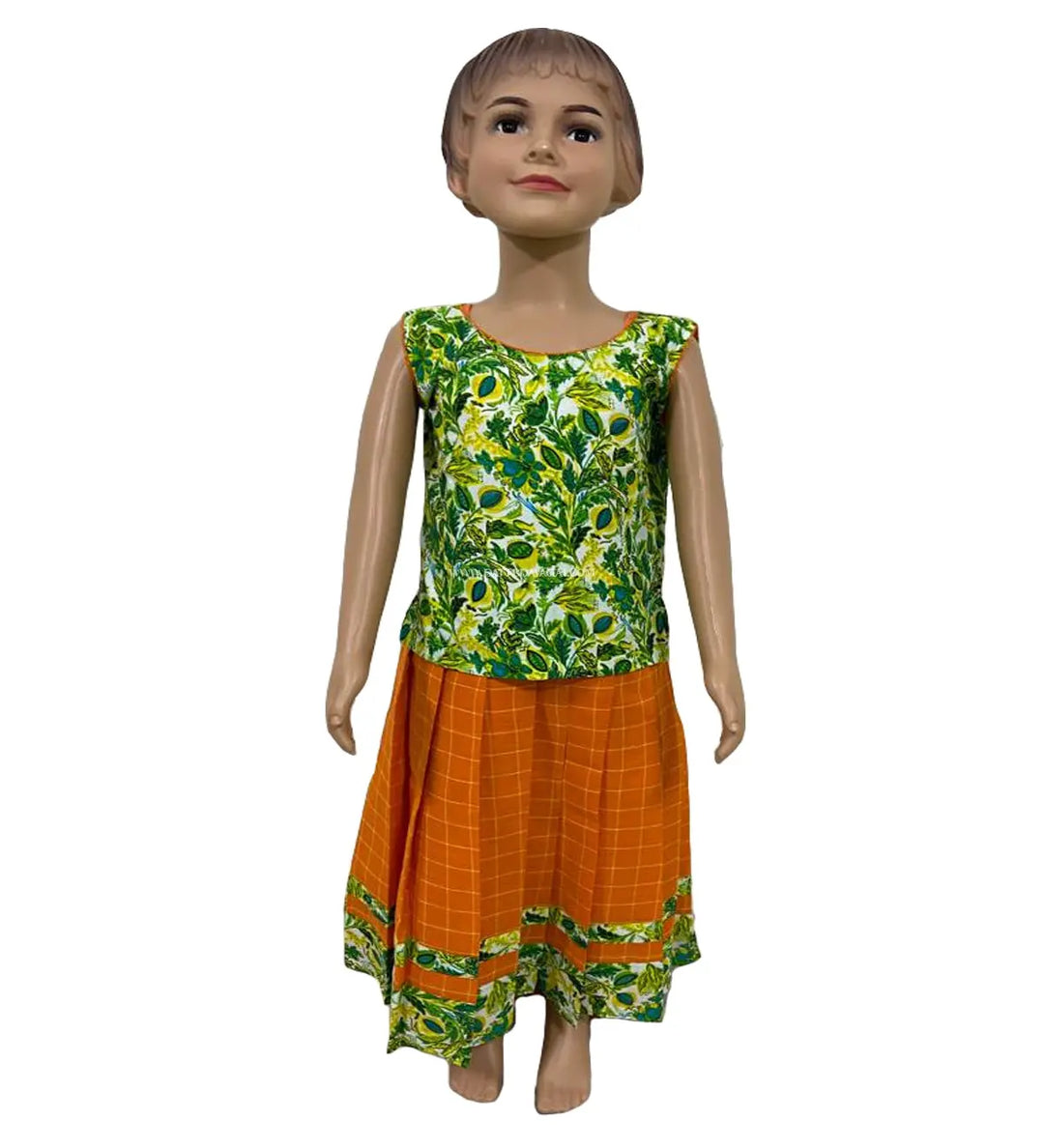 Traditional Cotton Pavadai Green and Orange - Pattupavadai.com