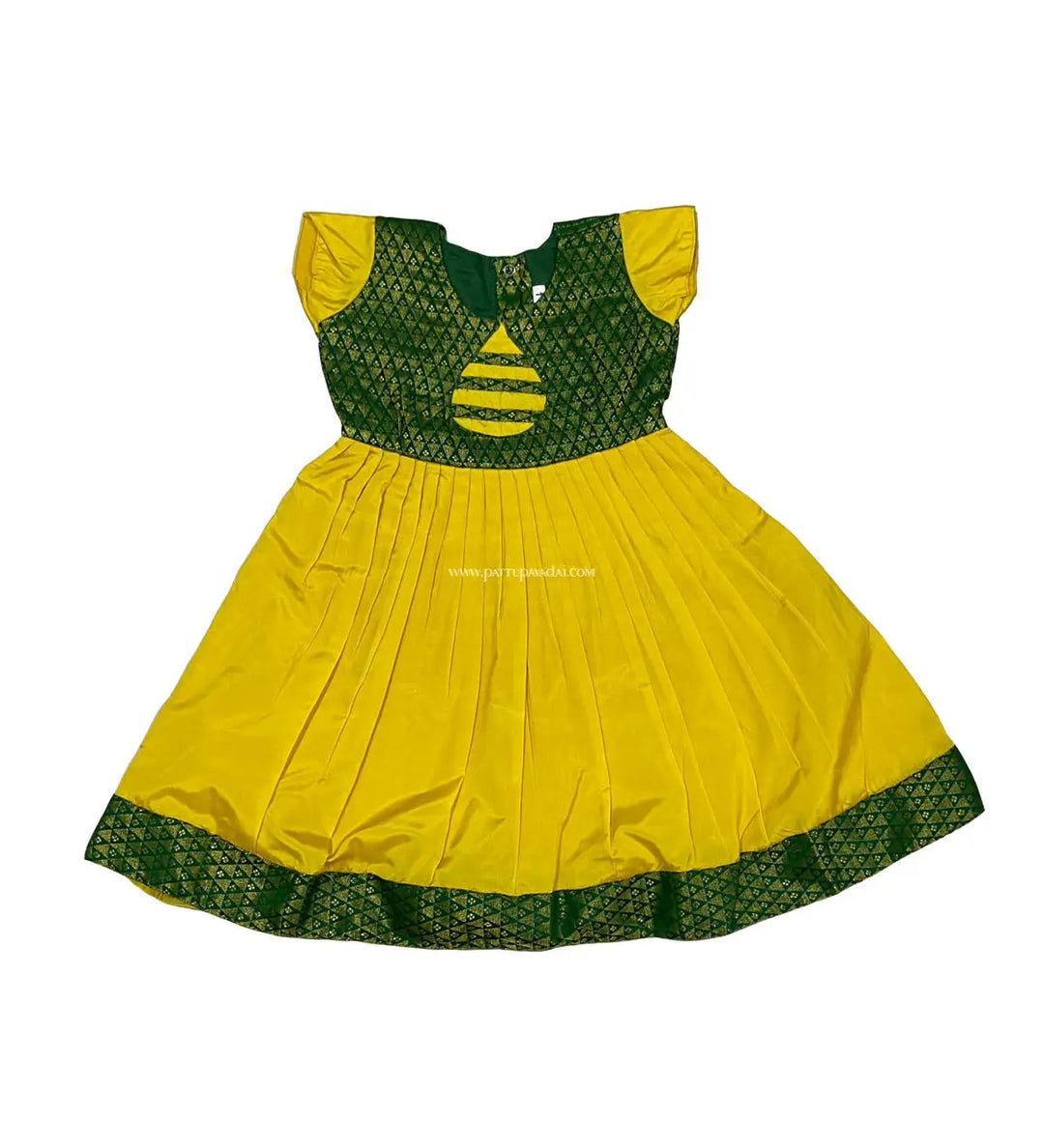 Yellow and Green Pure Silk Frock - Pattupavadai.com