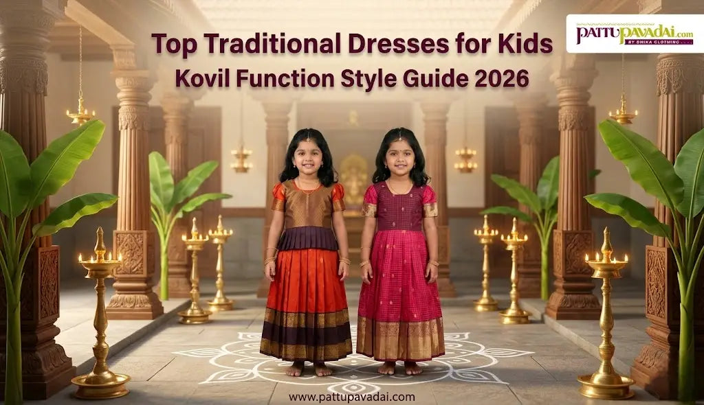 A young girl wearing a comfortable, lightweight pattu pavadai for a South Indian kovil function.