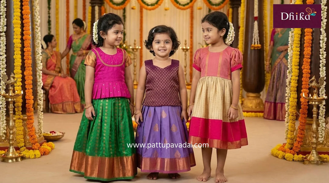 South Indian kids wearing pattu pavadai for wedding and festival celebrations