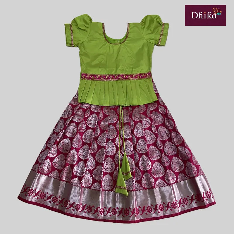 Soft Silk Pavadai Parrot Green and Magenta - Pattupavadai.com