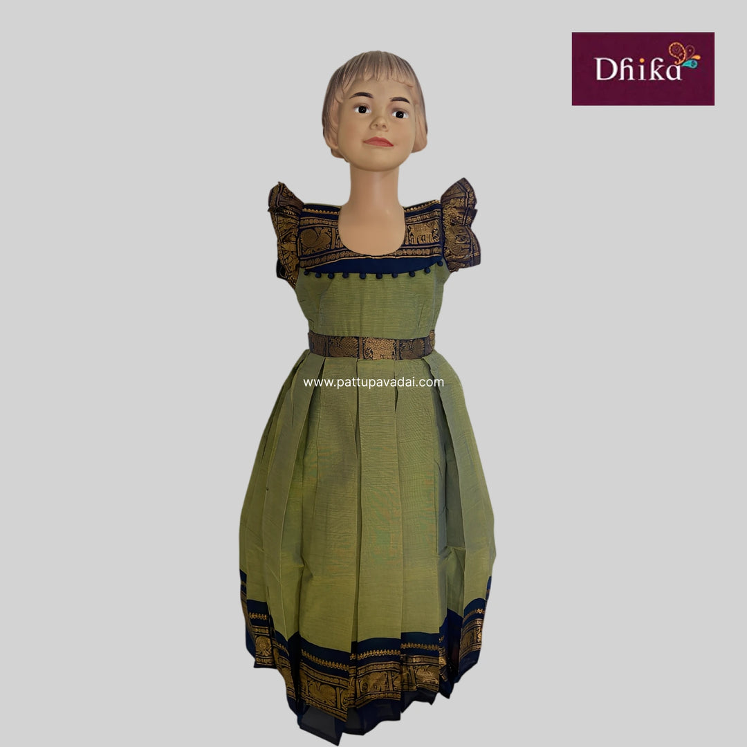 Kids Chettinad Cotton Long Gown – Olive Green | Traditional South Indian Dress for Girls