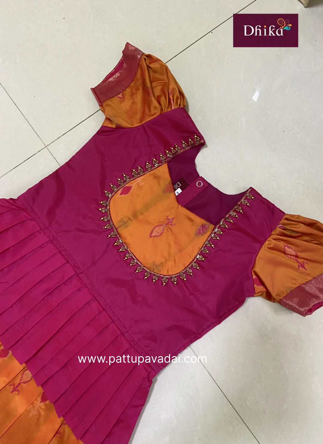 Mango Yellow & Pink Ikkat Silk Pavadai with Aari Work for Girls – Traditional Festive Wear