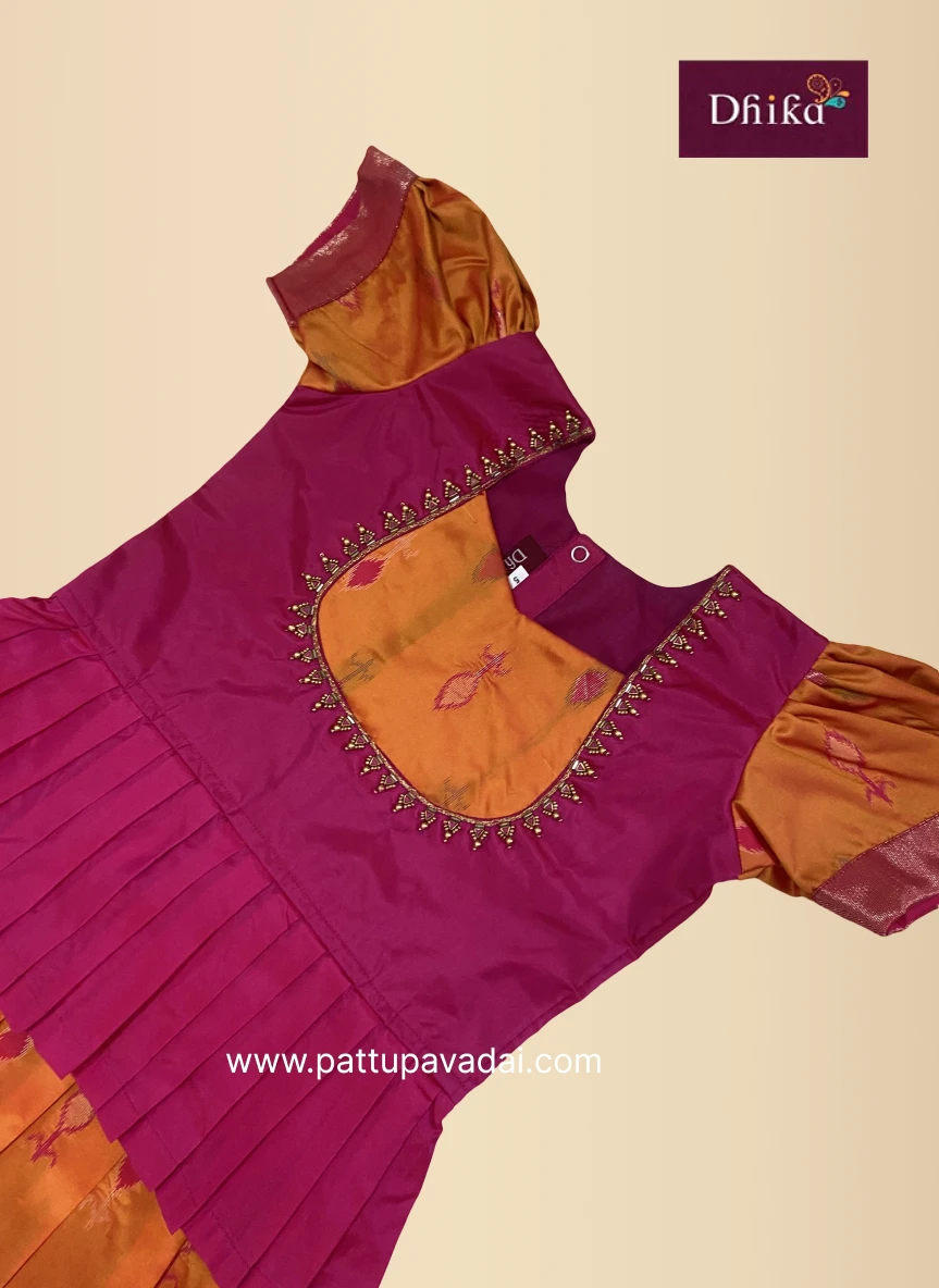 Mango Yellow & Pink Ikkat Silk Pavadai with Aari Work for Girls – Traditional Festive Wear