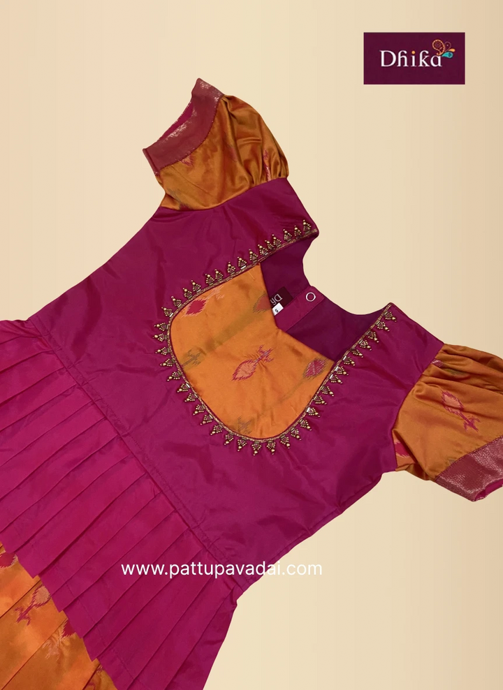 Mango Yellow & Pink Ikkat Silk Pavadai with Aari Work for Girls – Traditional Festive Wear