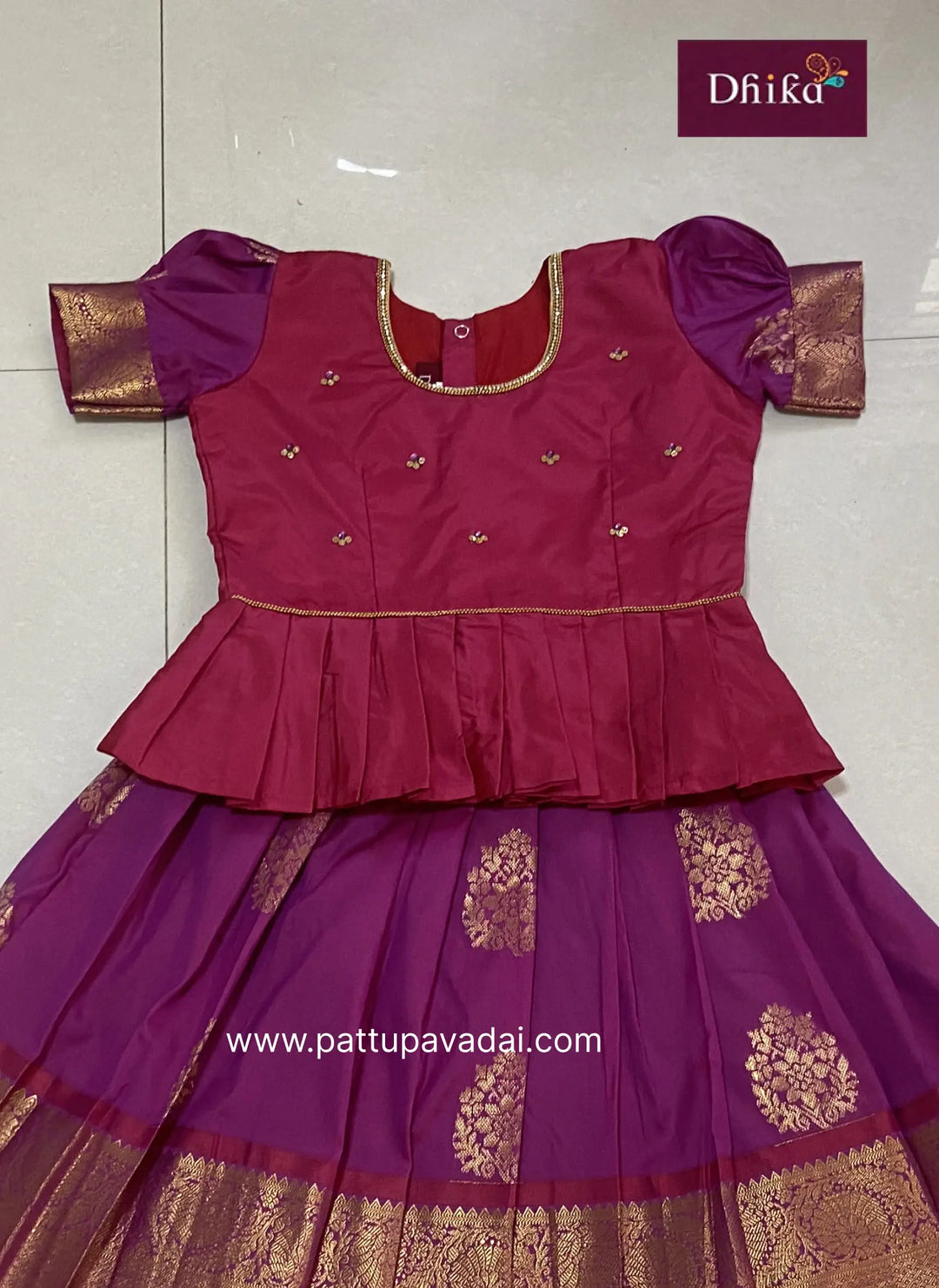 Magenta Semi Kanchi Pattu Pavadai for Girls – Traditional Silk Skirt Set