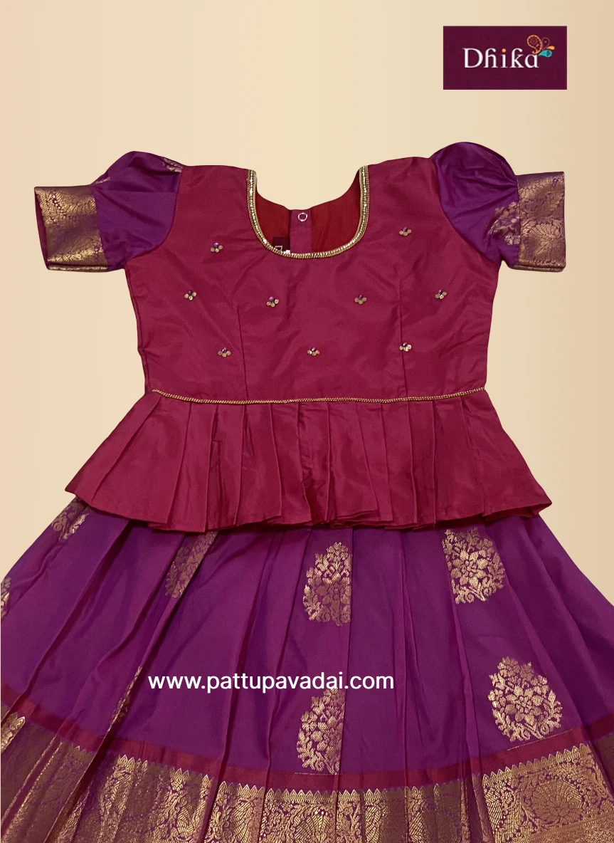 Magenta Semi Kanchi Pattu Pavadai for Girls – Traditional Silk Skirt Set