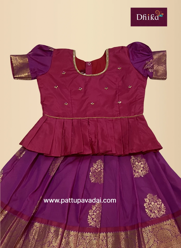 Magenta Semi Kanchi Pattu Pavadai for Girls – Traditional Silk Skirt Set