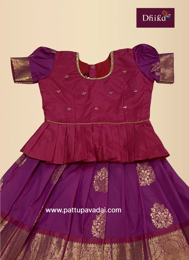Magenta Semi Kanchi Pattu Pavadai for Girls – Traditional Silk Skirt Set