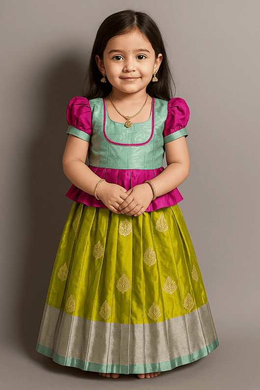 Kids Soft Silk Pattu Pavadai – Lime Green & Pink Traditional Dress